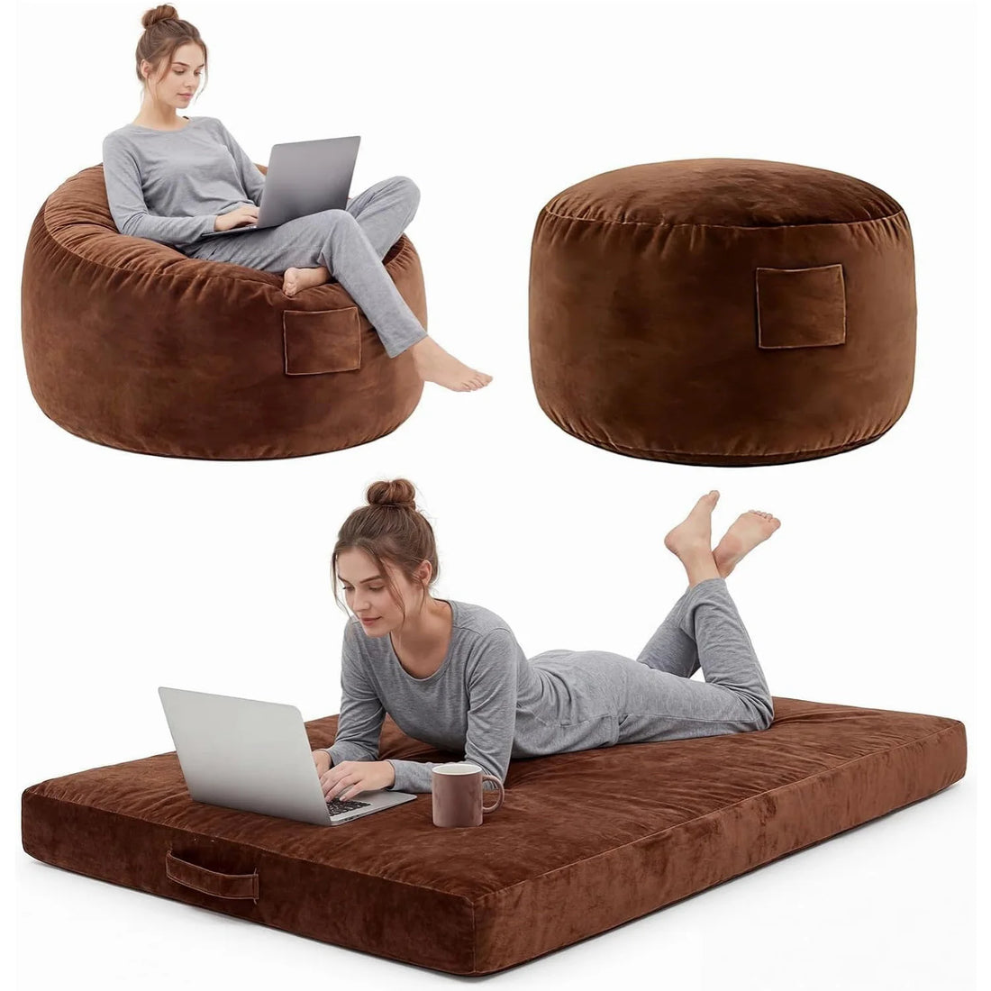 3-in-1-Sitzsack als Sessel, Liege und Bodenbett mit Memory-Schaum für Wohnzimmer und Gaming – 112 × 112 × 70 cm, waschbarer Flanellbezug, 7 Farben