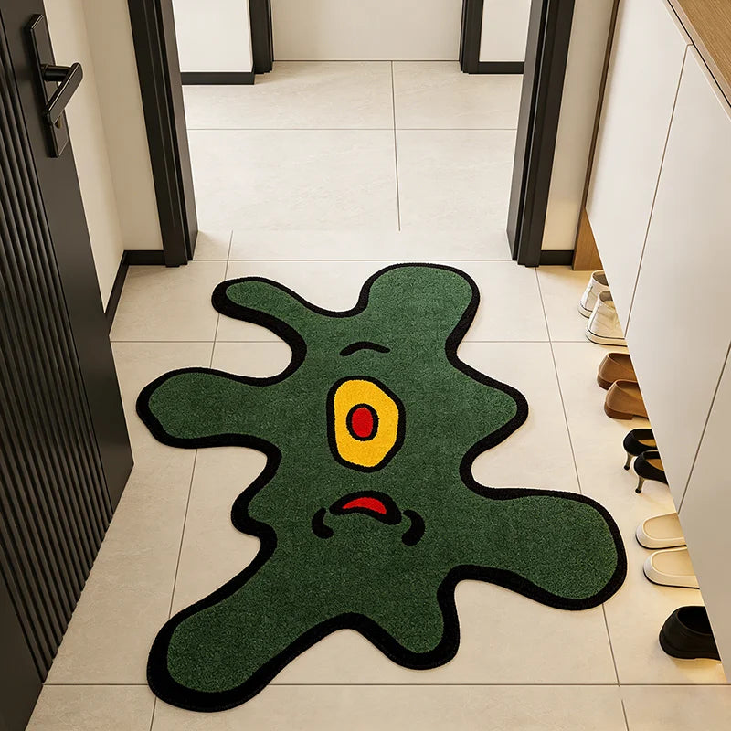 Unregelmäßiger Teppich mit grünem einäugigem Monster für Wohnzimmer, Schlafzimmer und Flur – 50 × 60 bis 140 × 180 cm, weich, waschbar