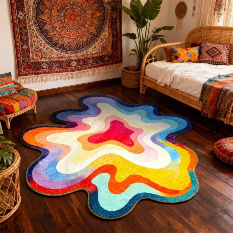 Bunter Teppich in Dopamin-Farben mit abstraktem Wellenmotiv für Schlafzimmer und Wohnzimmer – 80 × 80 bis 300 × 300 cm, unregelmäßige Form, 11 Motive