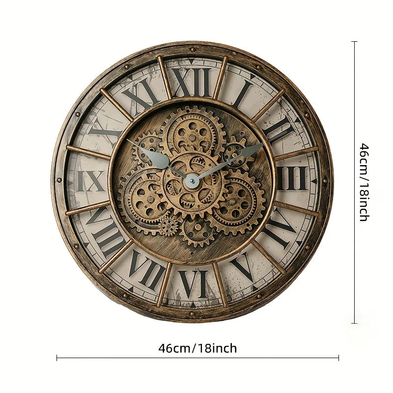 Steampunk-Wanduhr mit echten beweglichen Zahnrädern im Industrie-Stil für Wohnzimmer und Büro – 46 × 46 cm, römische Ziffern, 4 Ausführungen