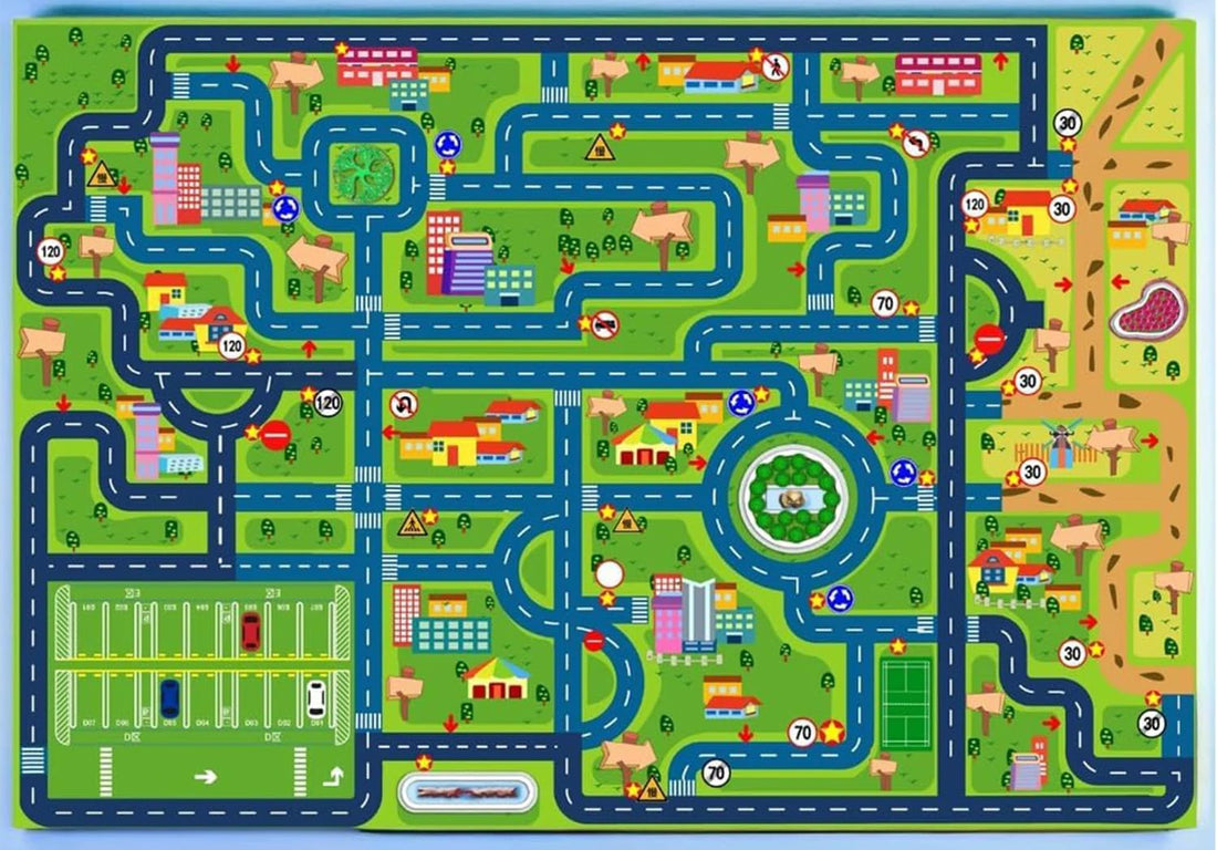Kinderspielteppich mit Straßen- und Stadtverkehr-Motiv für Kinderzimmer und Wohnzimmer – 40 × 60 bis 120 × 160 cm, Flanell, rutschfest, 5 Motive