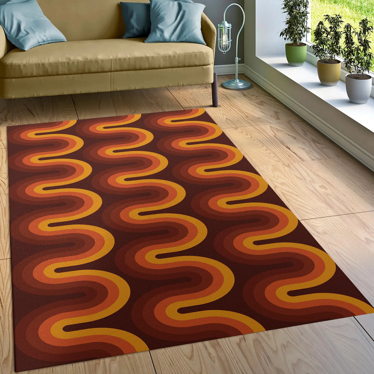 Grooviger Retro-Teppich im 70er-Jahre-Stil in Braun und Orange für Wohnzimmer und Wohnheim – 40 × 60 bis 120 × 160 cm, geometrisch, Flanell