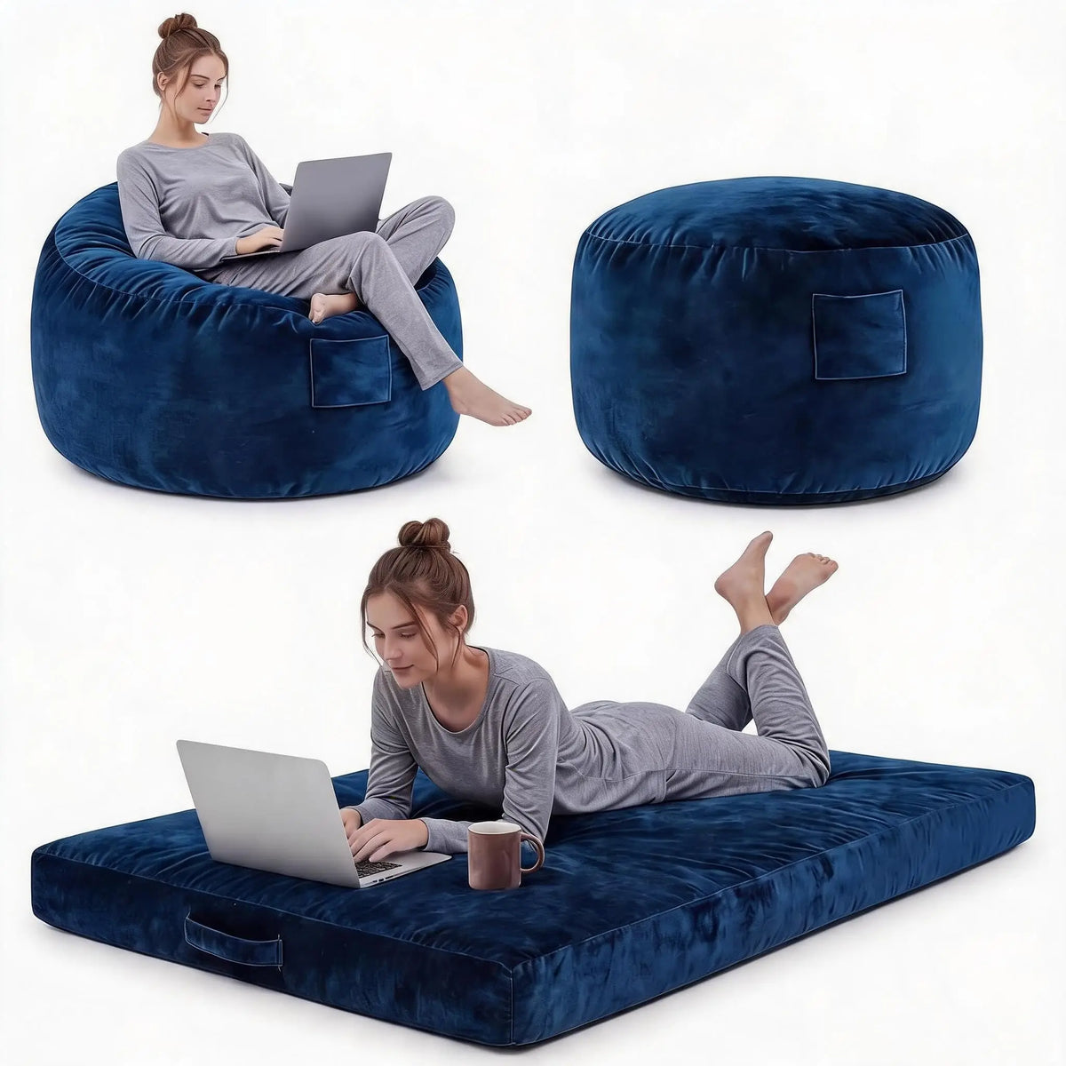 3-in-1-Sitzsack als Sessel, Liege und Bodenbett mit Memory-Schaum für Wohnzimmer und Gaming – 112 × 112 × 70 cm, waschbarer Flanellbezug, 7 Farben