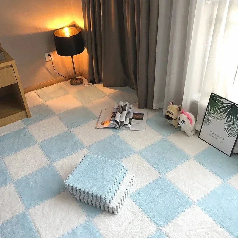 Flauschige Plüsch-Puzzlematten aus Schaumstoff zum Zusammenstecken fürs Wohnzimmer – je 30 × 30 cm, quadratisch, ineinandergreifend, 1 bis 16 Stück