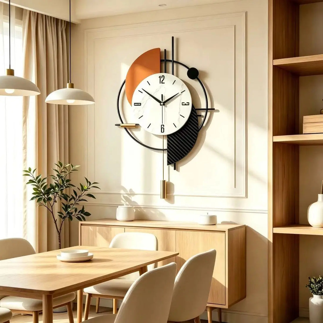 Wanduhr aus Metall mit Pendel für Wohnzimmer und TV-Wand – 52 × 34 cm, geometrisch, rundes Zifferblatt, geräuschloses Quarzwerk, 2 Modelle