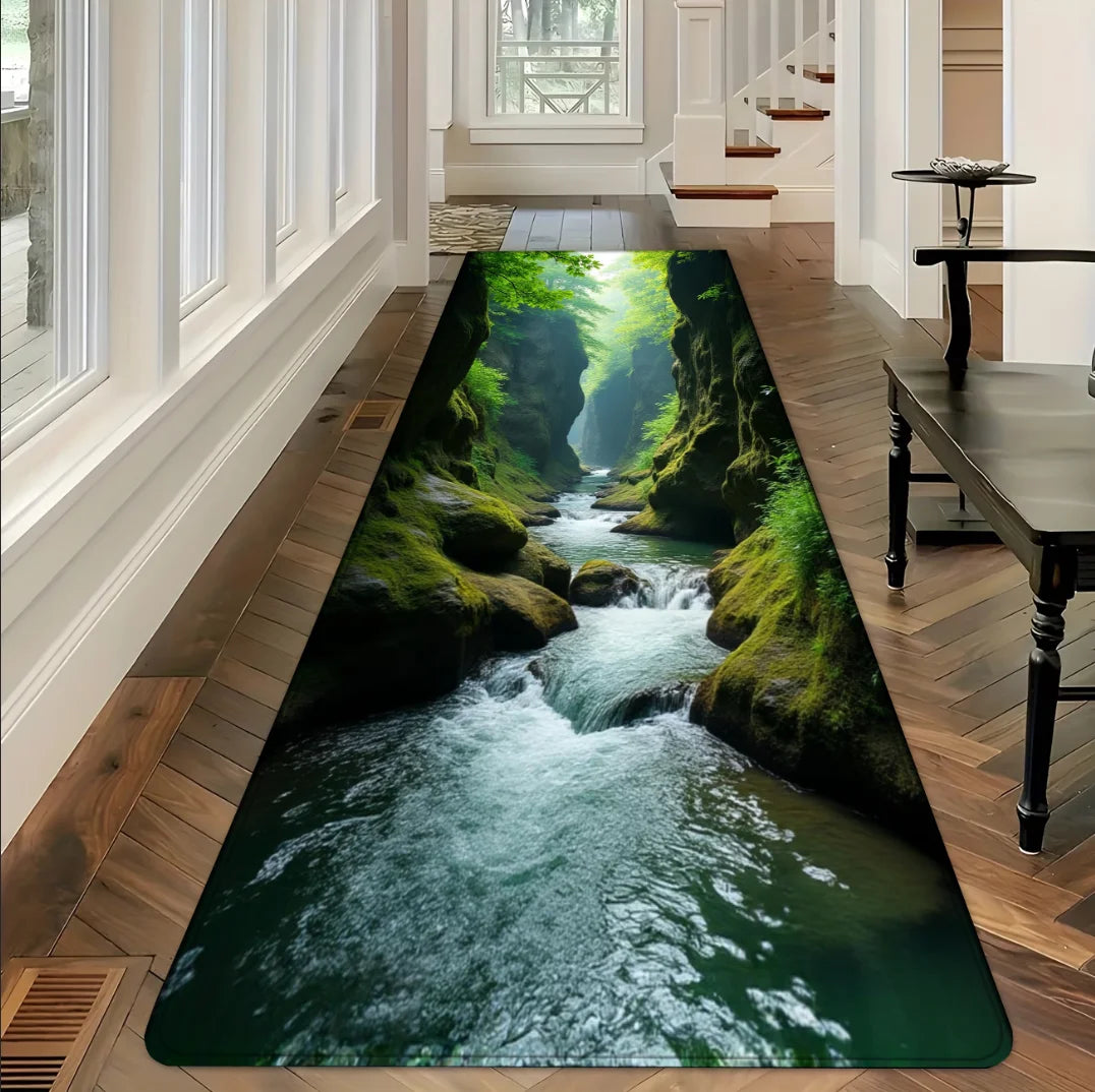 Bedruckter Läufer mit 3D-Wasserfall-Motiv im japanischen Stil für Flur und Küche – 40 × 60 bis 50 × 150 cm, rechteckig, rutschfest, 4 Motive