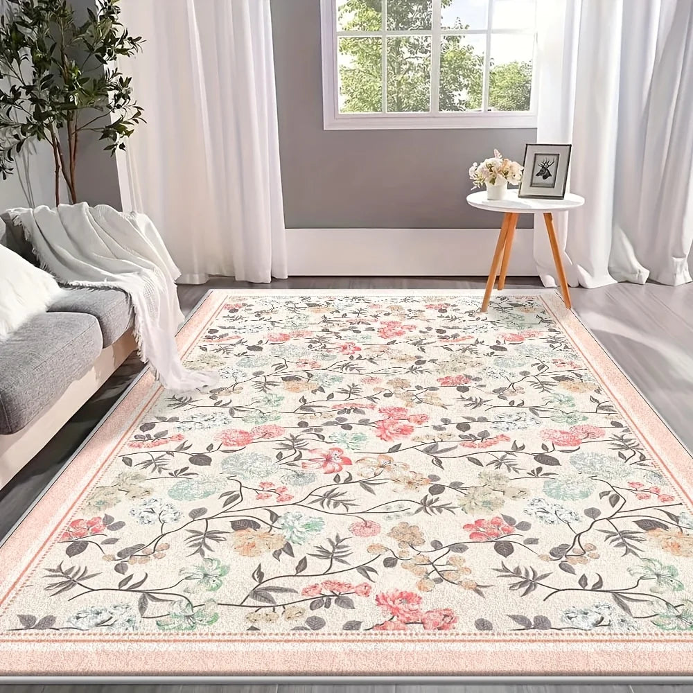Teppich mit Frühlingsblumen im Landhausstil für Wohnzimmer und Schlafzimmer – 40 × 60 bis 180 × 240 cm, Flanell, rutschfest, waschbar, 4 Motive
