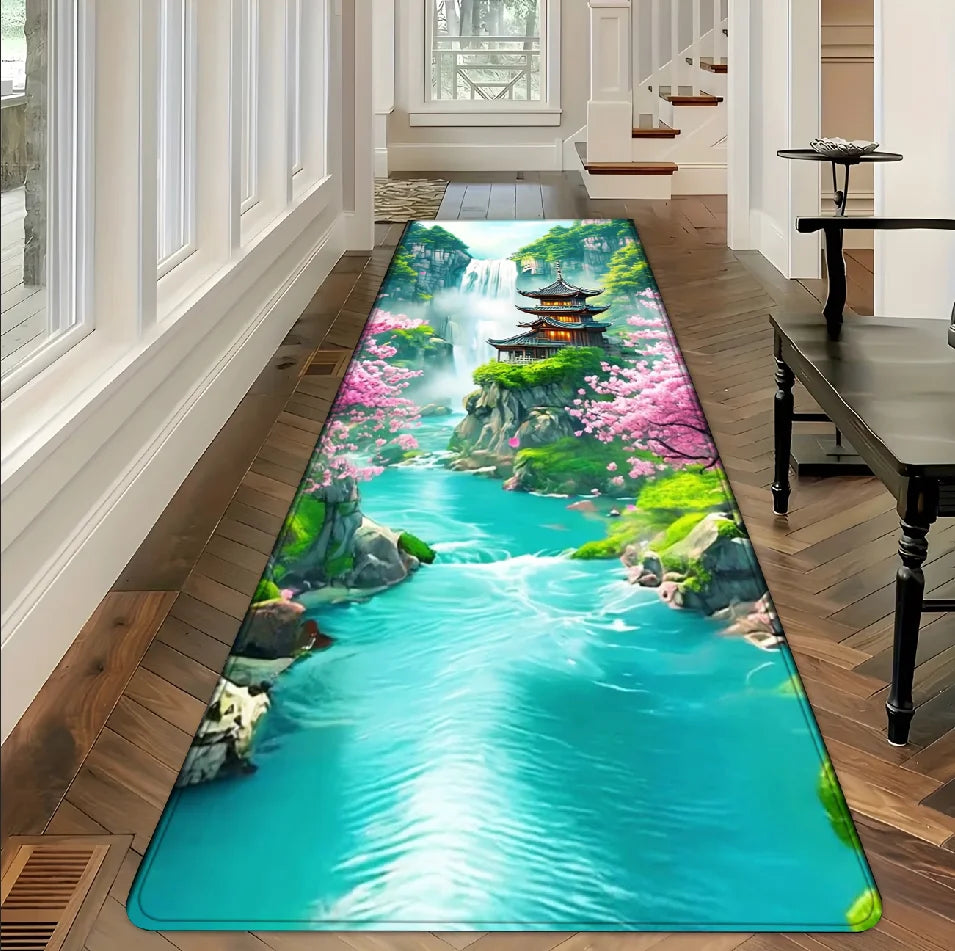 Bedruckter Läufer mit 3D-Wasserfall-Motiv im japanischen Stil für Flur und Küche – 40 × 60 bis 50 × 150 cm, rechteckig, rutschfest, 4 Motive