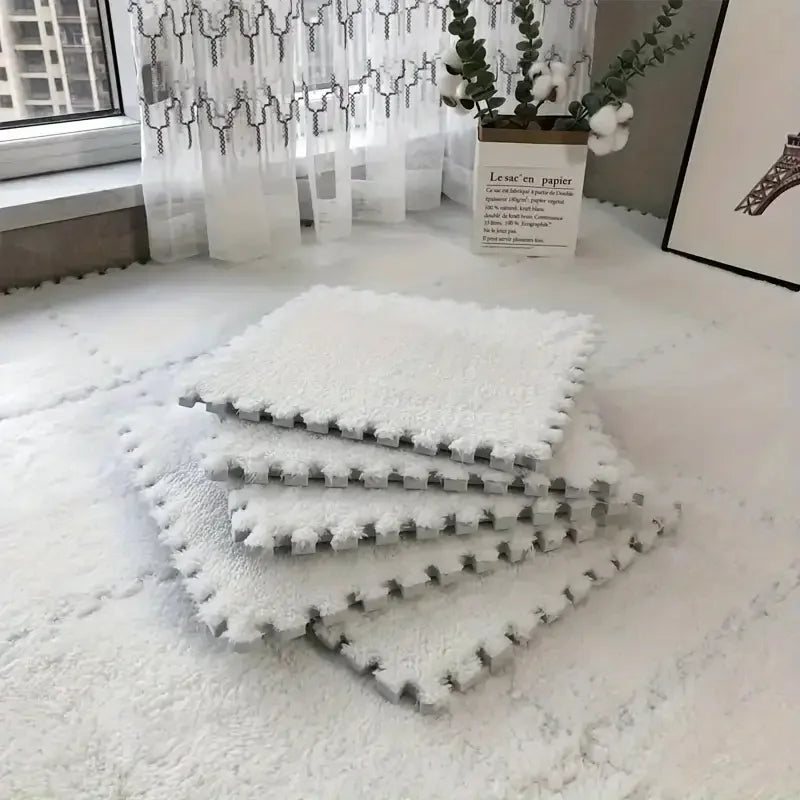 Plüsch-Puzzlematte aus Schaumstoff für Spielzimmer und Schlafzimmer – 12 Fliesen à 30 × 30 × 1 cm, ineinandergreifend, zuschneidbar, 5 Farben