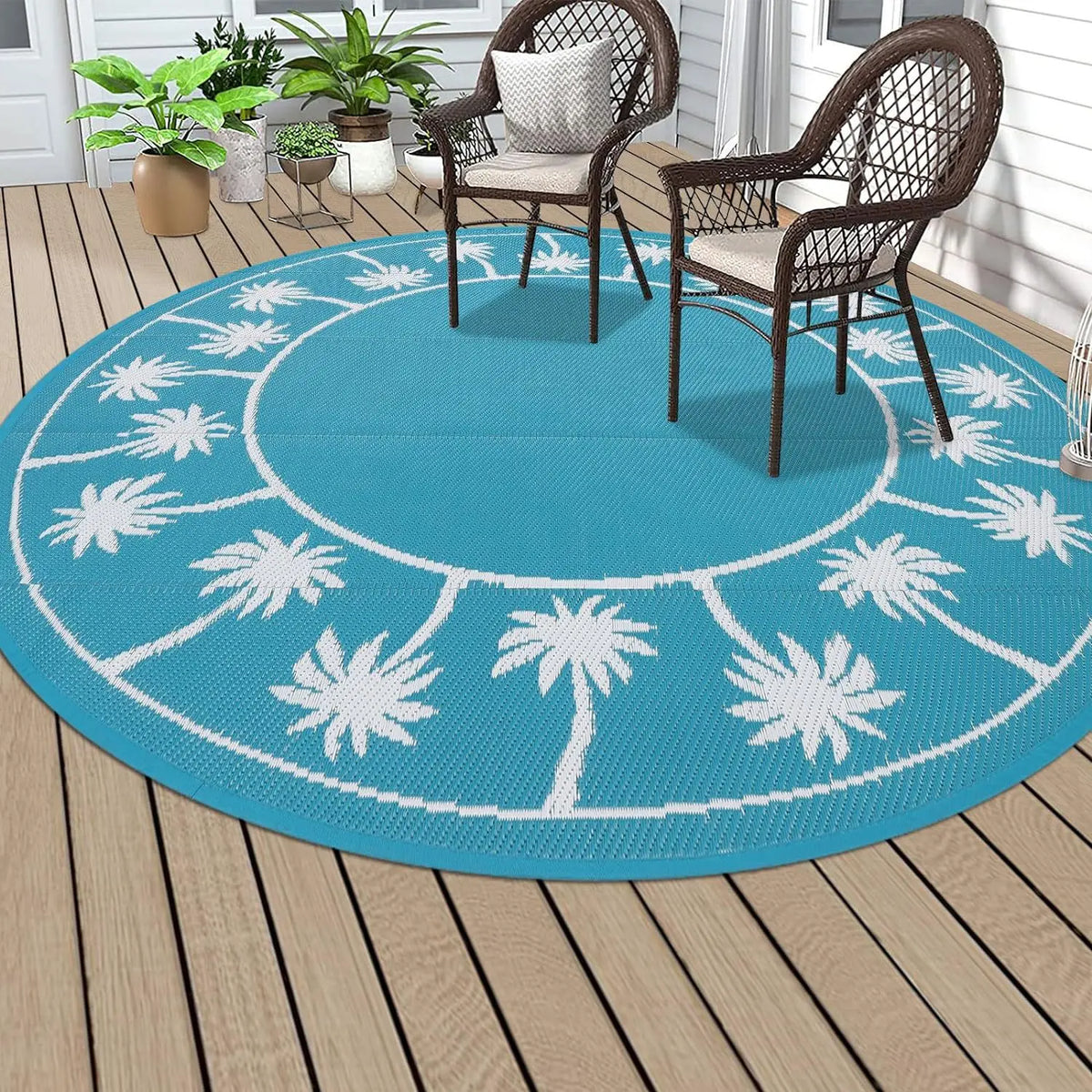 Runder Outdoor-Teppich mit Vintage-Blumenmuster für Terrasse, Balkon und Garten – Ø 40 bis 120 cm, wasserdicht, rutschfest, waschbar, 4 Motive