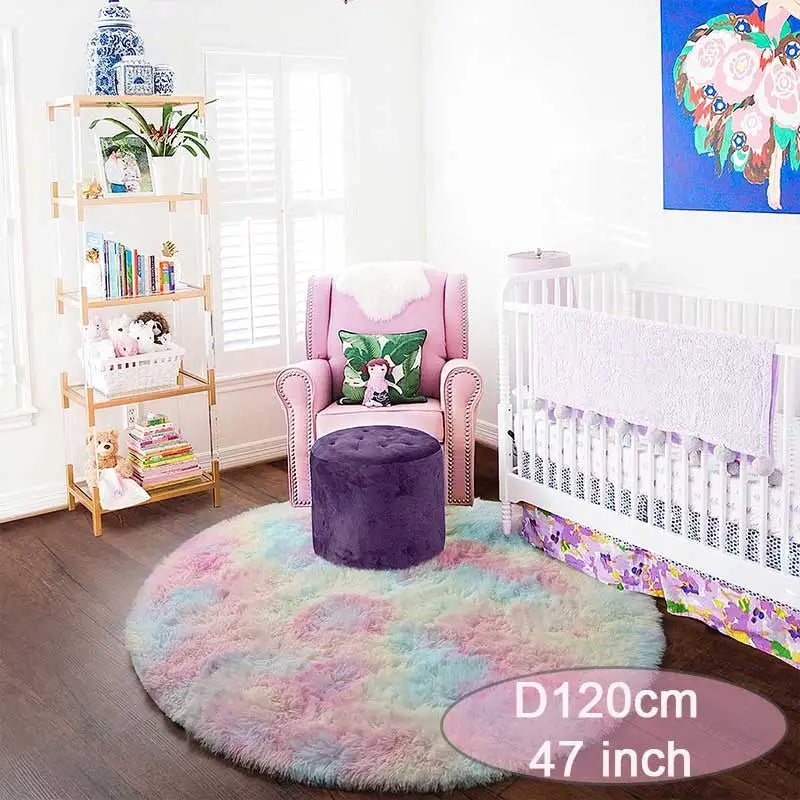 Runder Hochflorteppich in Regenbogenfarben für Kinderzimmer und Schlafzimmer – Ø 60 bis 160 cm, flauschig, Memory-Schaum, rutschfest