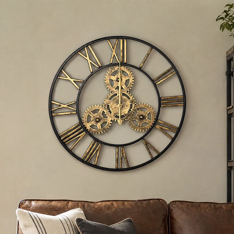 Große Wanduhr im Industrie-Vintage-Stil mit Zahnrad-Optik für Wohnzimmer und Flur – Ø 40 bis 60 cm, Metall, römische Ziffern, Gold oder Antikgold