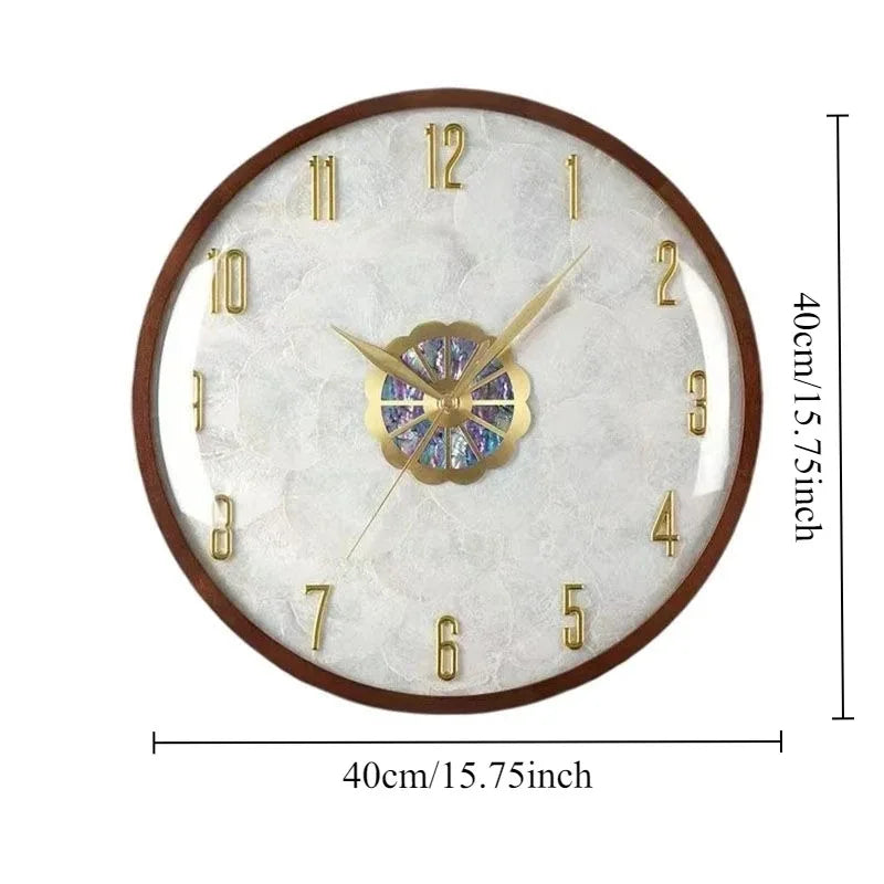 Wanduhr mit Perlmutt- und Abalone-Muscheleinlage für Wohnzimmer und Schlafzimmer – Ø 40 cm, rund, geräuschlos, Walnussholz oder Legierung