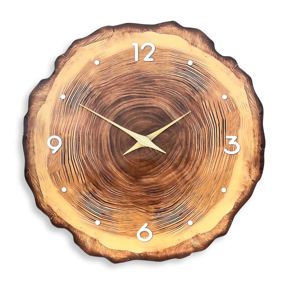 Runde Wanduhr mit Baumscheiben-Optik und Zeigern aus Massivholz für das Wohnzimmer – Ø 29,7, 34,7 oder 39,5 cm, flach, geräuschloses Quarzwerk