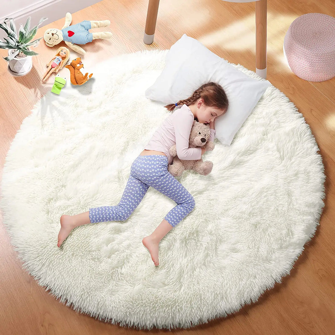 Runder Plüsch-Hochflorteppich für Kinderzimmer, Spielzimmer und Wohnzimmer – Ø 100 bis 160 cm, Memoryschaum, rutschfest, waschbar, 6 Farben