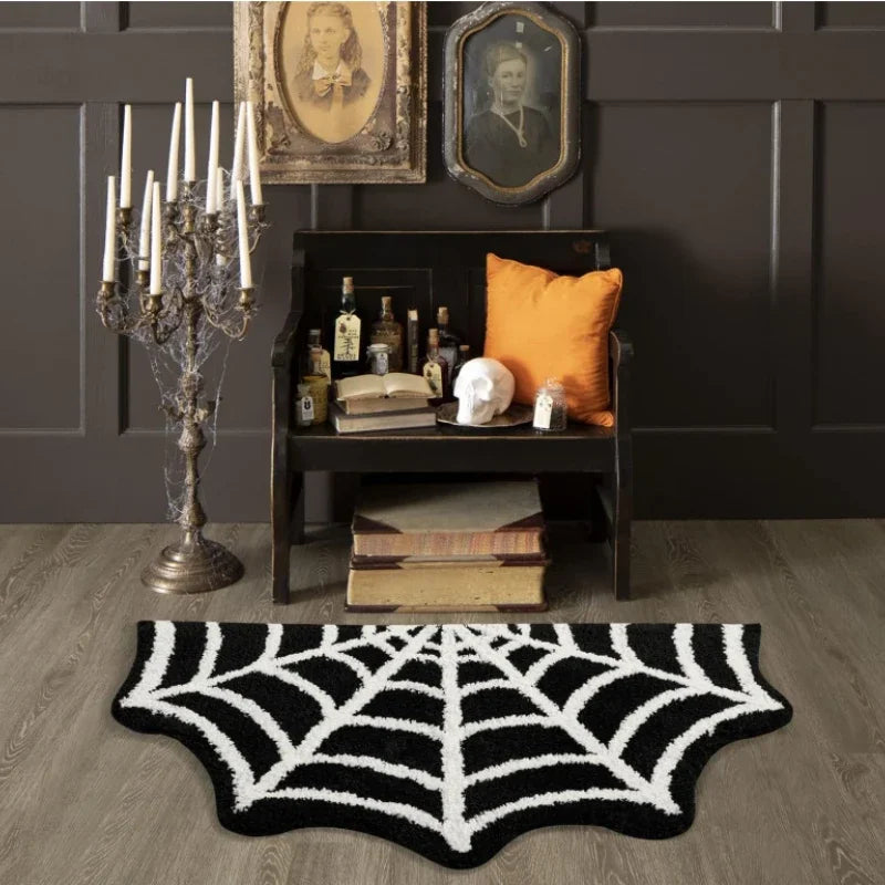 Halloween-Teppich mit Fledermaus- oder Spinnennetz-Motiv für Bad und Wohnzimmer – 40 × 60 oder 50 × 80 cm, Wildlederoptik, rutschfest, Schwarz