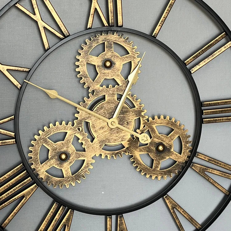 Große Wanduhr im Industrie-Vintage-Stil mit Zahnrad-Optik für Wohnzimmer und Flur – Ø 40 bis 60 cm, Metall, römische Ziffern, Gold oder Antikgold