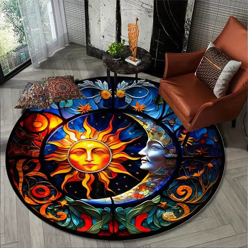 Runder Teppich mit Sonne, Mond und Sternkarte im Vintage-Stil für Wohnzimmer und Schlafzimmer – Ø 40 bis 120 cm, Flanell, rutschfest, 5 Motive