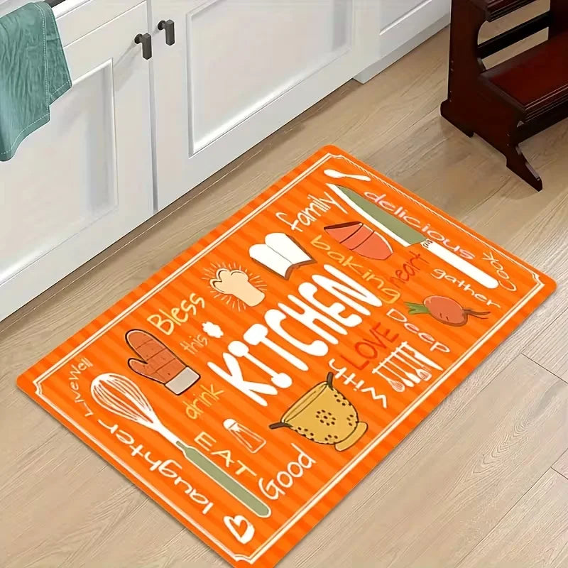 Orangefarbener Küchenteppich mit Küchenutensilien- und Kochmotiv für Küche, Flur und Schlafzimmer – 40 × 60 bis 50 × 150 cm, weich, rutschfest