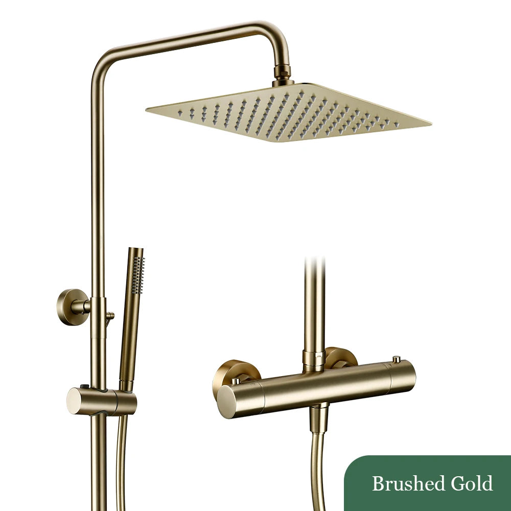 Thermostat-Duschset aus Messing mit Handbrause zur Wandmontage im Badezimmer – quadratische Kopfbrause 20 bis 30 cm, Doppelknopf, 7 Farben