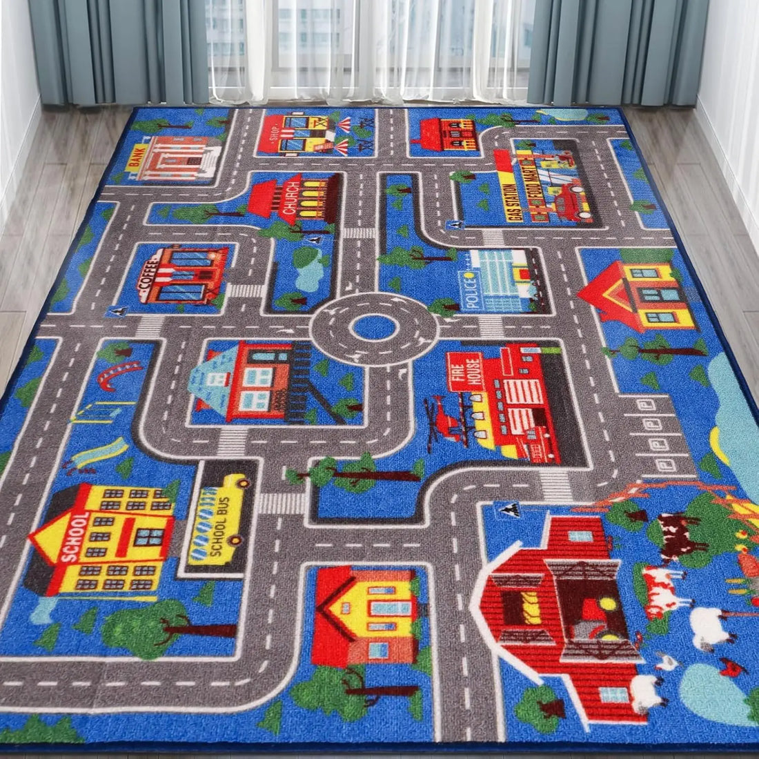 Spielteppich mit Stadtplan aus Straßen und Gebäuden für Spielbereich und Wohnzimmer – 40 × 60 bis 120 × 160 cm, Flanell, rutschfest, 4 Motive