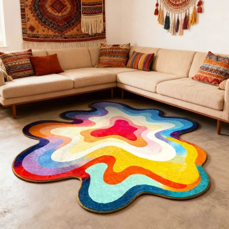 Bunter Teppich in Dopamin-Farben mit abstraktem Wellenmotiv für Schlafzimmer und Wohnzimmer – 80 × 80 bis 300 × 300 cm, unregelmäßige Form, 11 Motive