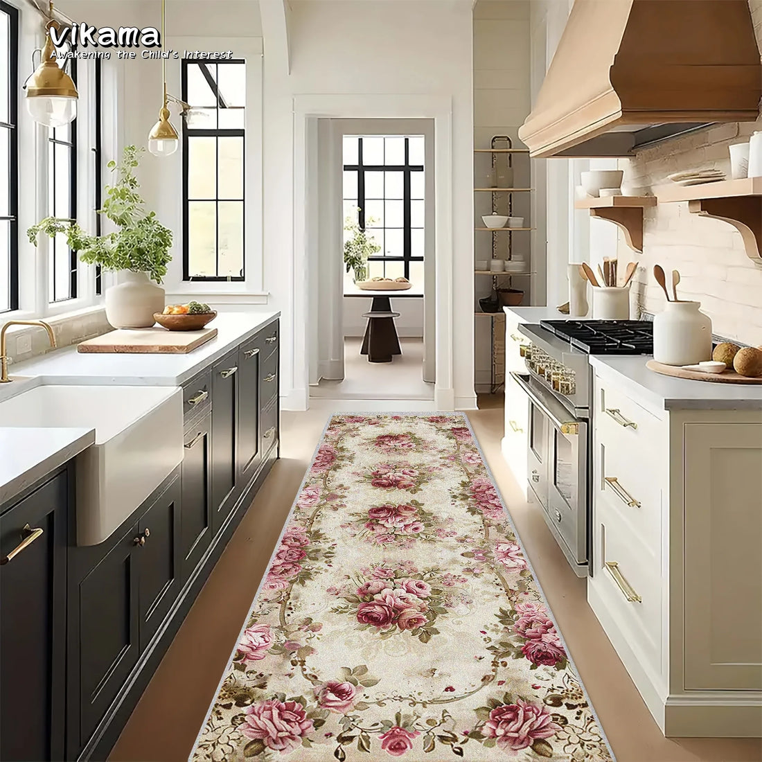 Vintage-Blumenteppich im klassischen Bauernhausstil als Küchenläufer und Wohnzimmerteppich – 60 × 180, 60 × 240 oder 90 × 150 cm, Flanell, rutschfest
