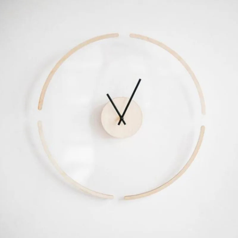 Transparente Wanduhr in schwebender Optik mit Holz im nordischen Stil für Schlafzimmer und Wohnzimmer – Ø 30 cm, analog, hell oder dunkel