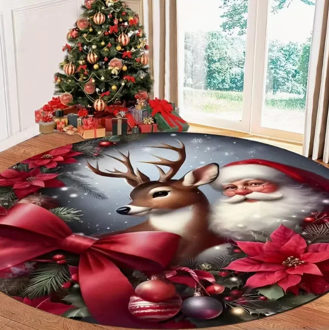 Runder Weihnachtsteppich mit Weihnachtsmann und Schneeflocken für Wohnzimmer und Spielzimmer – Ø 40 bis 120 cm, Flanell, rutschfest, 4 Motive