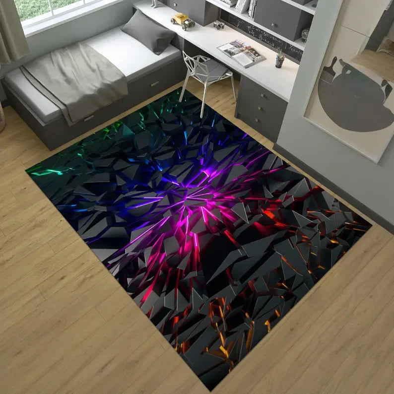 Gaming-Teppich mit geometrischem Neon-Muster für Spielzimmer, Kinderzimmer und Wohnzimmer – 40 × 60 bis 120 × 160 cm, rutschfest, 7 Motive