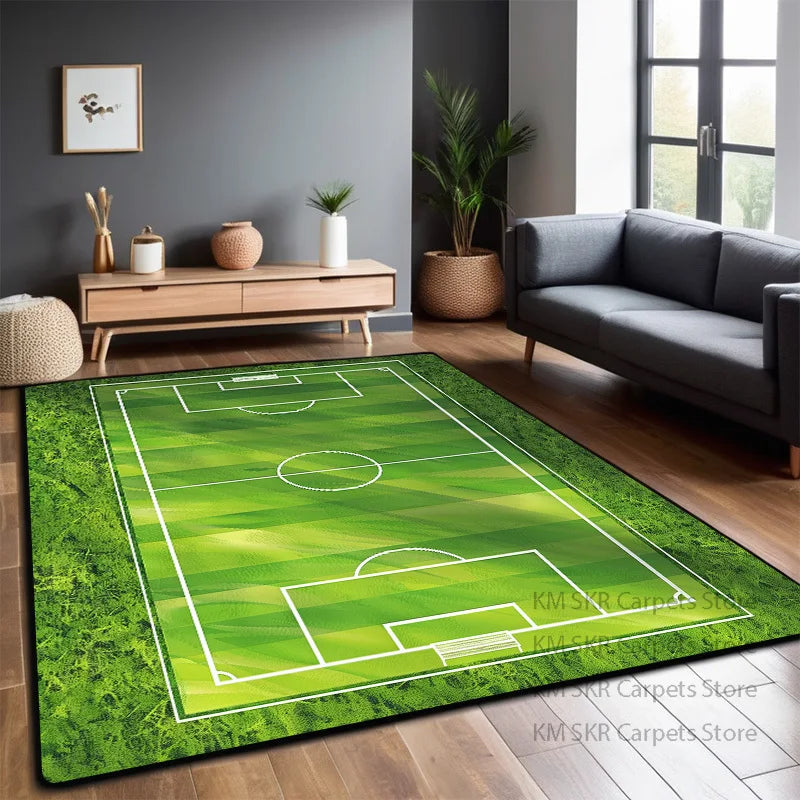 Bedruckter Flanell-Teppich im Fußballfeld-Design für Kinderzimmer und Wohnzimmer – 60 × 90 bis 200 × 400 cm, rechteckig, rutschfest, 13 Motive