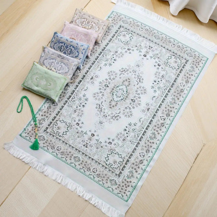 Dreiteiliges Gebetsteppich-Set mit Gebetskette und Tragetasche als Geschenk zu Ramadan und Eid – 70 × 110 cm, beflockt, rutschfest, 5 Farben