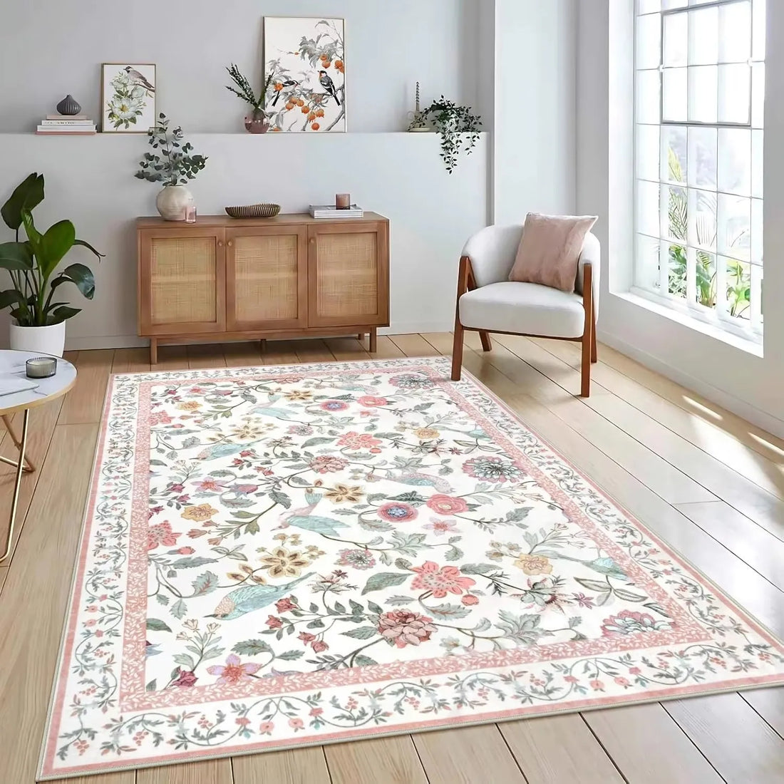 Teppich mit Frühlingsblumen im Landhausstil für Wohnzimmer und Schlafzimmer – 40 × 60 bis 180 × 240 cm, Flanell, rutschfest, waschbar, 4 Motive