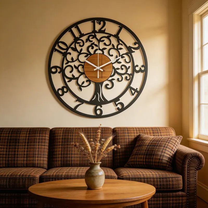 Wanduhr aus Eisen mit Lebensbaum-Motiv als Wandkunst für Wohnzimmer und Schlafzimmer – Ø 30 bis 40 cm, rund, geräuschlos, Schwarz