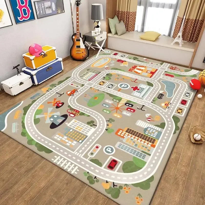 Kinderteppich mit Stadtplan und Straßen als Autospielmatte für Kinderzimmer und Spielzimmer – 80 × 120 bis 160 × 230 cm, rutschfest, 7 Motive