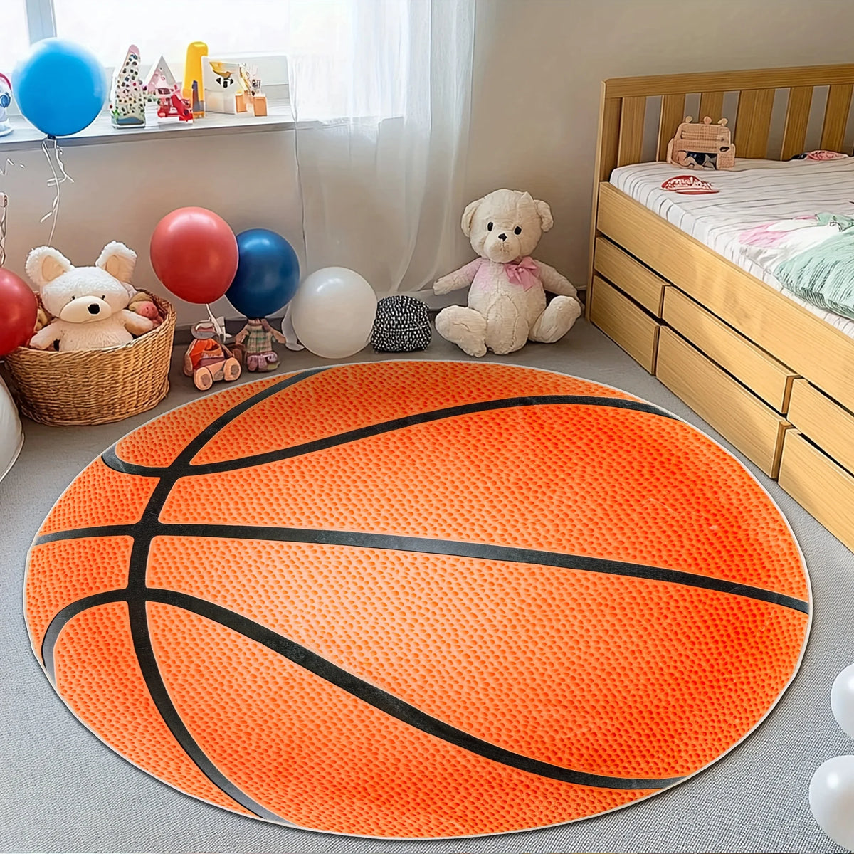 Runder Flanell-Teppich mit Ballmotiv für Kinderzimmer, Schlafzimmer und unter den Stuhl – Ø 40 bis 120 cm, Basketball, Fußball, Baseball, rutschfest