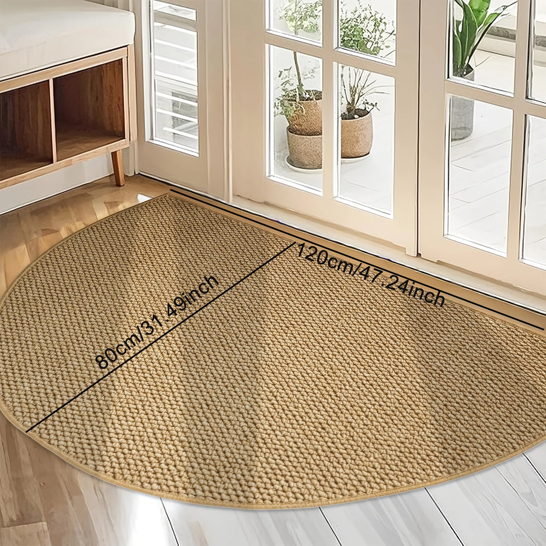 Halbrunde Fußmatte in Jute-Optik für Haustür, Eingang und Bad – 40 × 60 bis 80 × 120 cm, 6–7 mm flach, rutschfeste TPR-Rückseite, waschbar, Braun