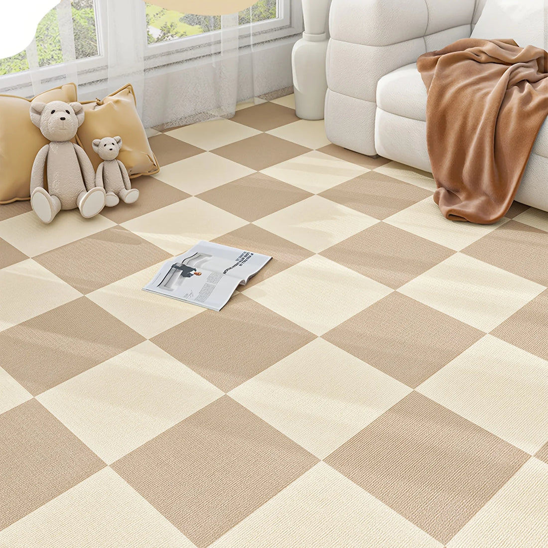 Selbstklebende Teppichfliesen aus Polyester für Schlafzimmer, Wohnzimmer und Büro – 30 × 30 cm, rutschfest, fleckenbeständig, 5 bis 30 Stück, 6 Farben