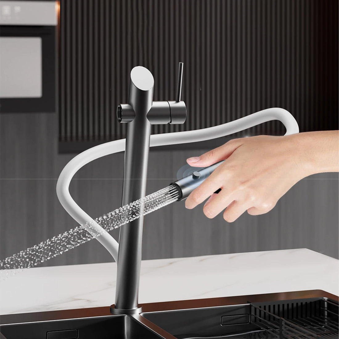 Ausziehbare Küchenarmatur aus Messing für die Küchenspüle – 2 Strahlarten, magnetische Brausehalterung, drehbar, Warm- und Kaltwasser, 5 Farben