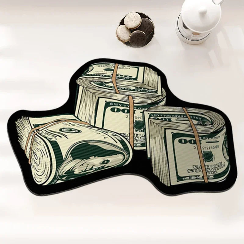 Teppich in Form von Dollar-Geldbündeln für Schlafzimmer, Wohnzimmer und Eingang – 40 × 60 bis 80 × 120 cm, Sonderform, rutschfeste Noppen, 9 Motive
