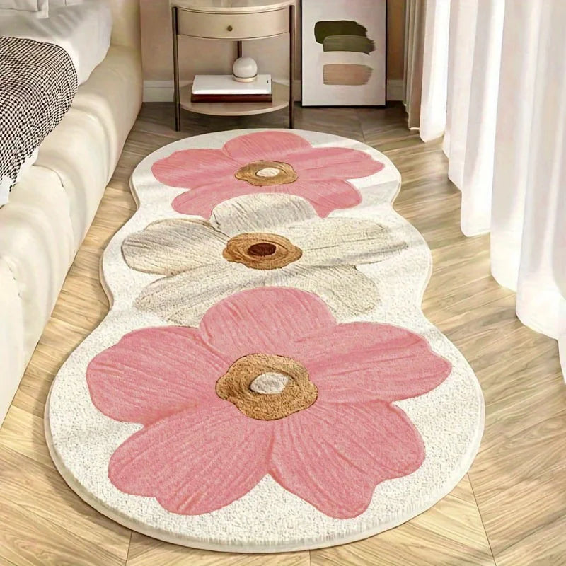 Geschwungener Plüschteppich mit großem Blumenmotiv im nordischen Stil für Schlafzimmer und Mädchenzimmer – 40 × 100 bis 60 × 160 cm, weich, 4 Motive