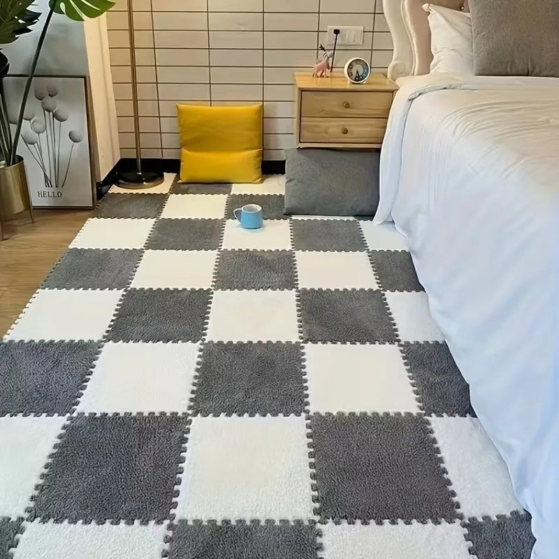 Plüsch-Puzzlematte in Zweifarb-Kombinationen für Wohnzimmer und Spielzimmer – 30 × 30 × 1 cm, BPA-frei, rutschfest, 4 bis 20 Platten, 9 Farben