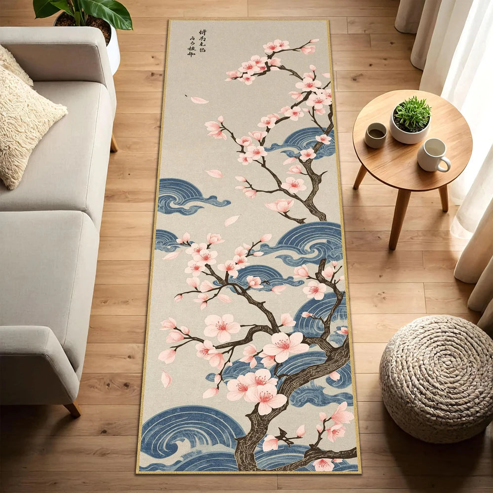 Läufer mit japanischem Blütenbaum im Vintage-Blumenstil für Wohnzimmer, Schlafzimmer und Flur – 40 × 60 bis 50 × 150 cm, Flanell, rutschfest, 4 Motive