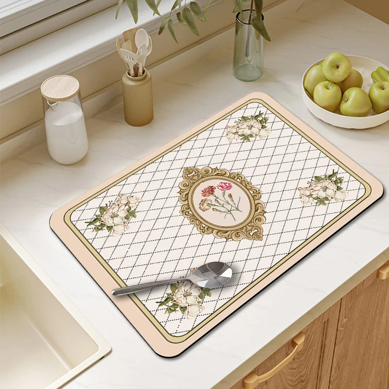 Saugfähige Abtropfmatte für Geschirr, Tassen und Flaschen auf der Küchenarbeitsplatte – 30 × 40 bis 40 × 60 cm, Gummirückseite, rutschfest, 17 Motive