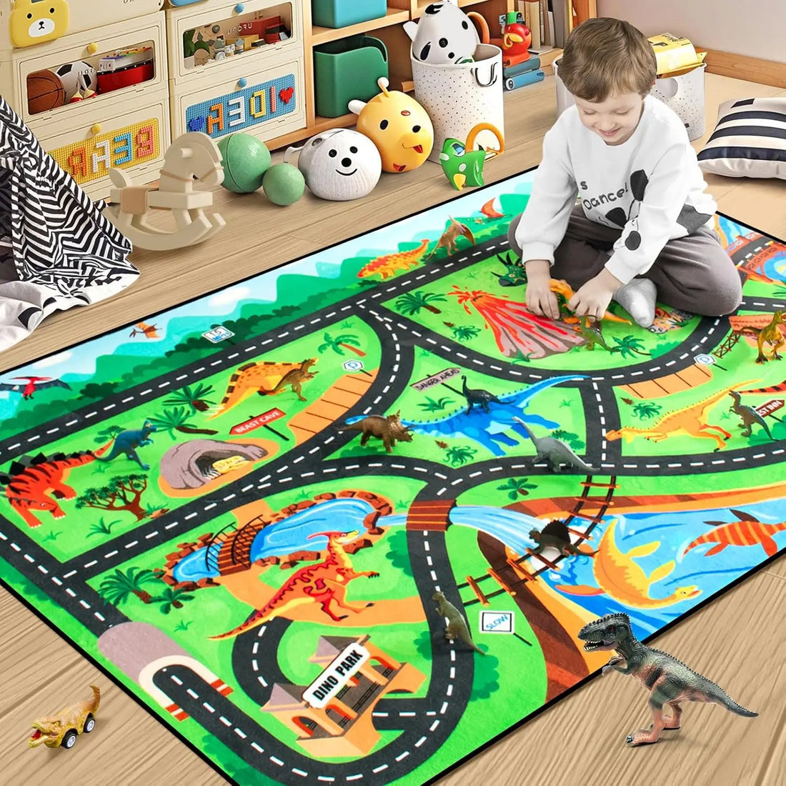 Kinder-Spielteppich mit Rennstrecke und Verkehrszeichen für Kinderzimmer und Wohnzimmer – 50 × 80 bis 120 × 160 cm, weich, rutschfest, 4 Motive