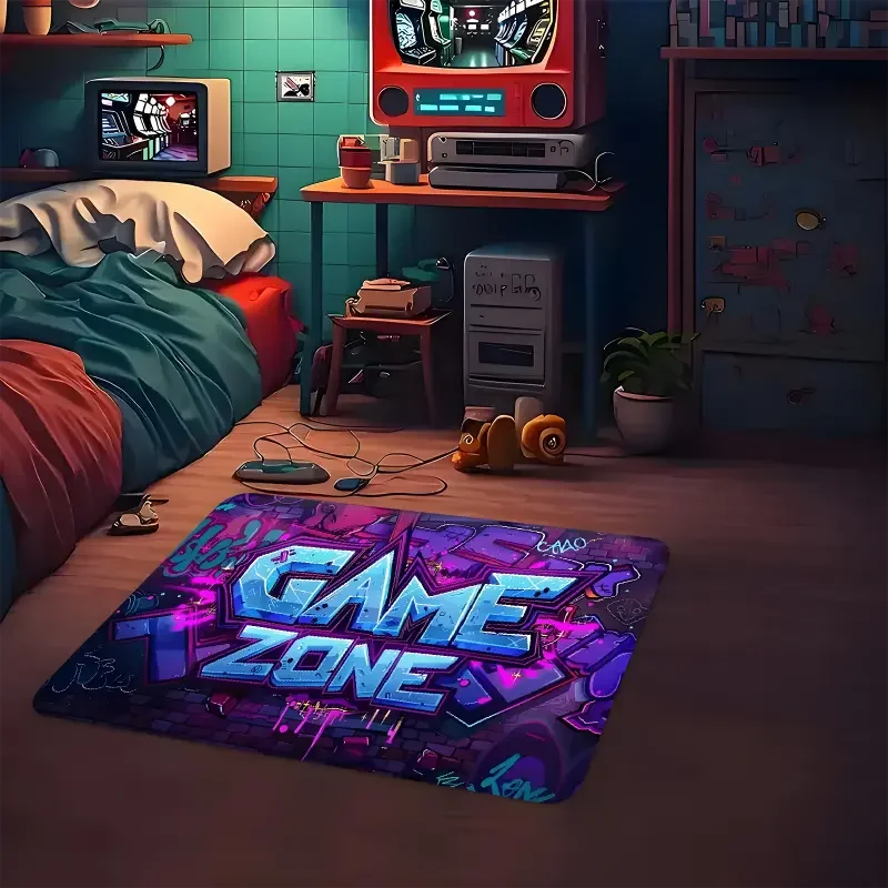 Bunter Teppich mit Gamepad-Muster im Gaming-Look für Wohnzimmer und Schlafzimmer – 40 × 60 bis 120 × 160 cm, Flanell, rutschfest, 4 Motive