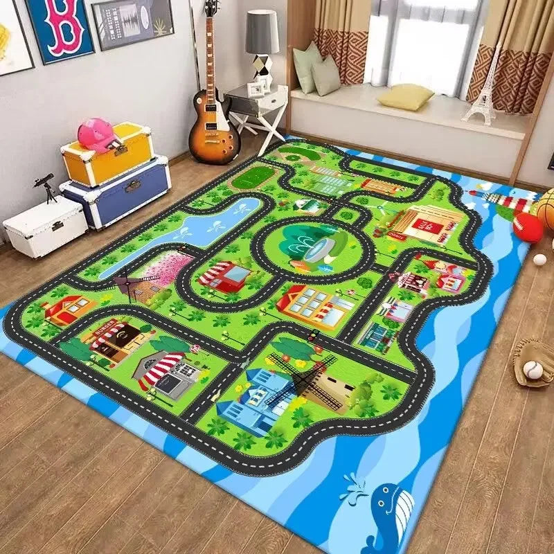 Kinderteppich mit Stadtplan und Straßen als Autospielmatte für Kinderzimmer und Spielzimmer – 80 × 120 bis 160 × 230 cm, rutschfest, 7 Motive
