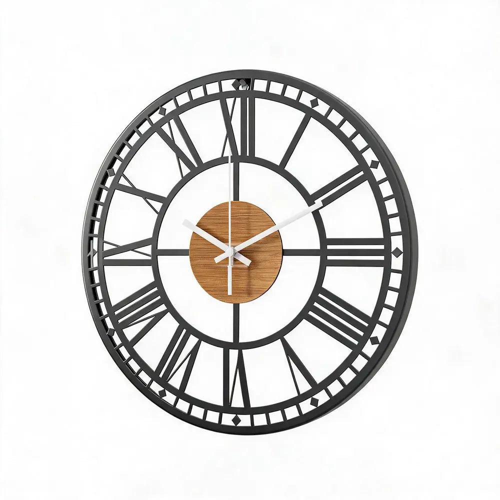 Retro-Wanduhr aus Metall mit römischen Ziffern und Holzmaserung im Landhausstil für das Wohnzimmer – Ø 34 cm, lautlos, Schwarz