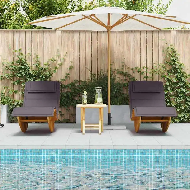 Schaukel-Sonnenliegen aus massivem Akazienholz mit Auflage für Garten, Terrasse und Pool im 2er-Set – Lattengestell, Kopfkissen, Auflage Dunkelgrau