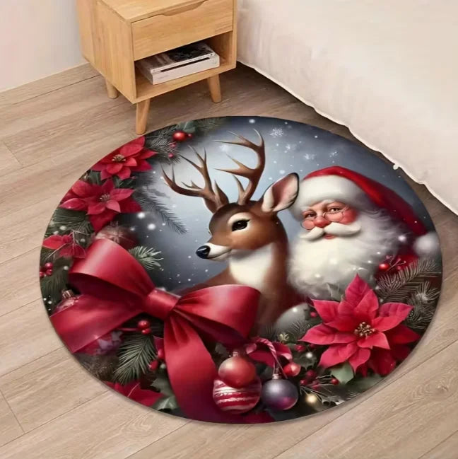 Runder Weihnachtsteppich mit Weihnachtsmann und Schneeflocken für Wohnzimmer und Spielzimmer – Ø 40 bis 120 cm, Flanell, rutschfest, 4 Motive